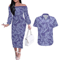 Tahiti Vareau Tiare Floral Couples Matching Off The Shoulder Long Sleeve Dress and Hawaiian Shirt Monstera Palm Tropical Leaves LT01 Purple - Polynesian Pride