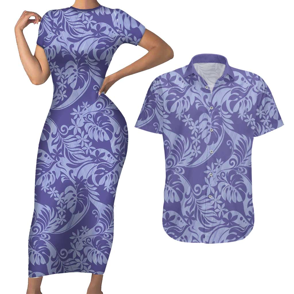 Tahiti Vareau Tiare Floral Couples Matching Short Sleeve Bodycon Dress and Hawaiian Shirt Monstera Palm Tropical Leaves - Polynesian Pride