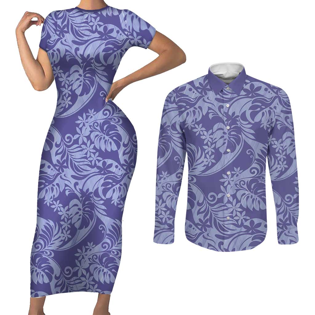 Tahiti Vareau Tiare Floral Couples Matching Short Sleeve Bodycon Dress and Long Sleeve Button Shirt Monstera Palm Tropical Leaves - Polynesian Pride