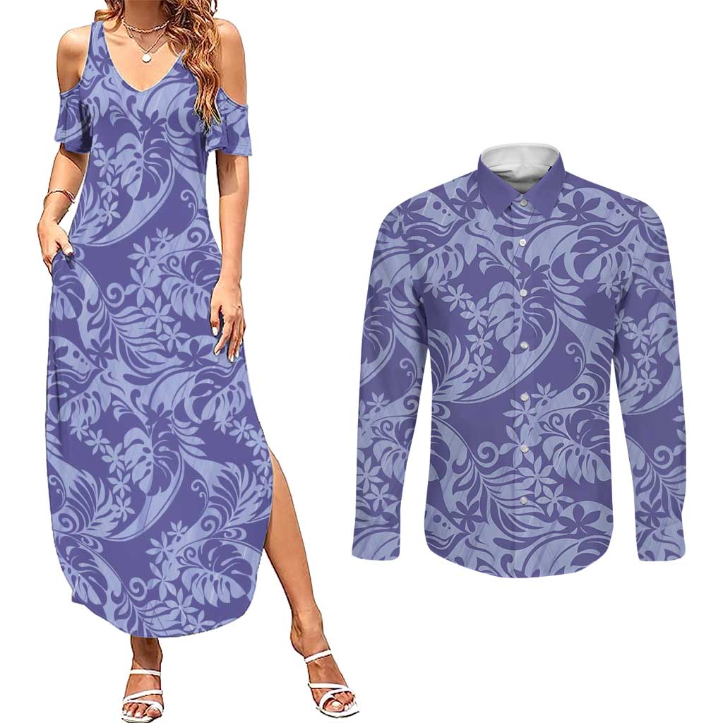 Tahiti Vareau Tiare Floral Couples Matching Summer Maxi Dress and Long Sleeve Button Shirt Monstera Palm Tropical Leaves LT01 Purple - Polynesian Pride