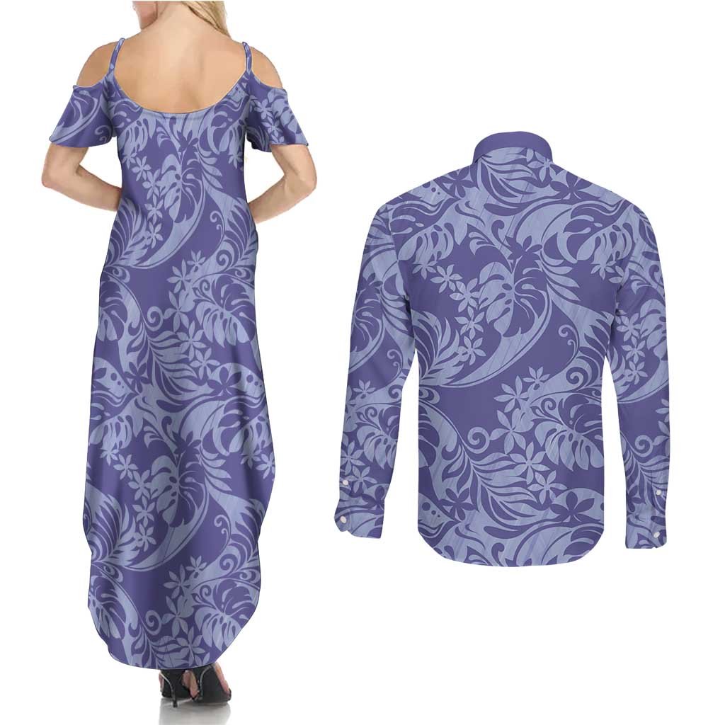 Tahiti Vareau Tiare Floral Couples Matching Summer Maxi Dress and Long Sleeve Button Shirt Monstera Palm Tropical Leaves LT01 - Polynesian Pride