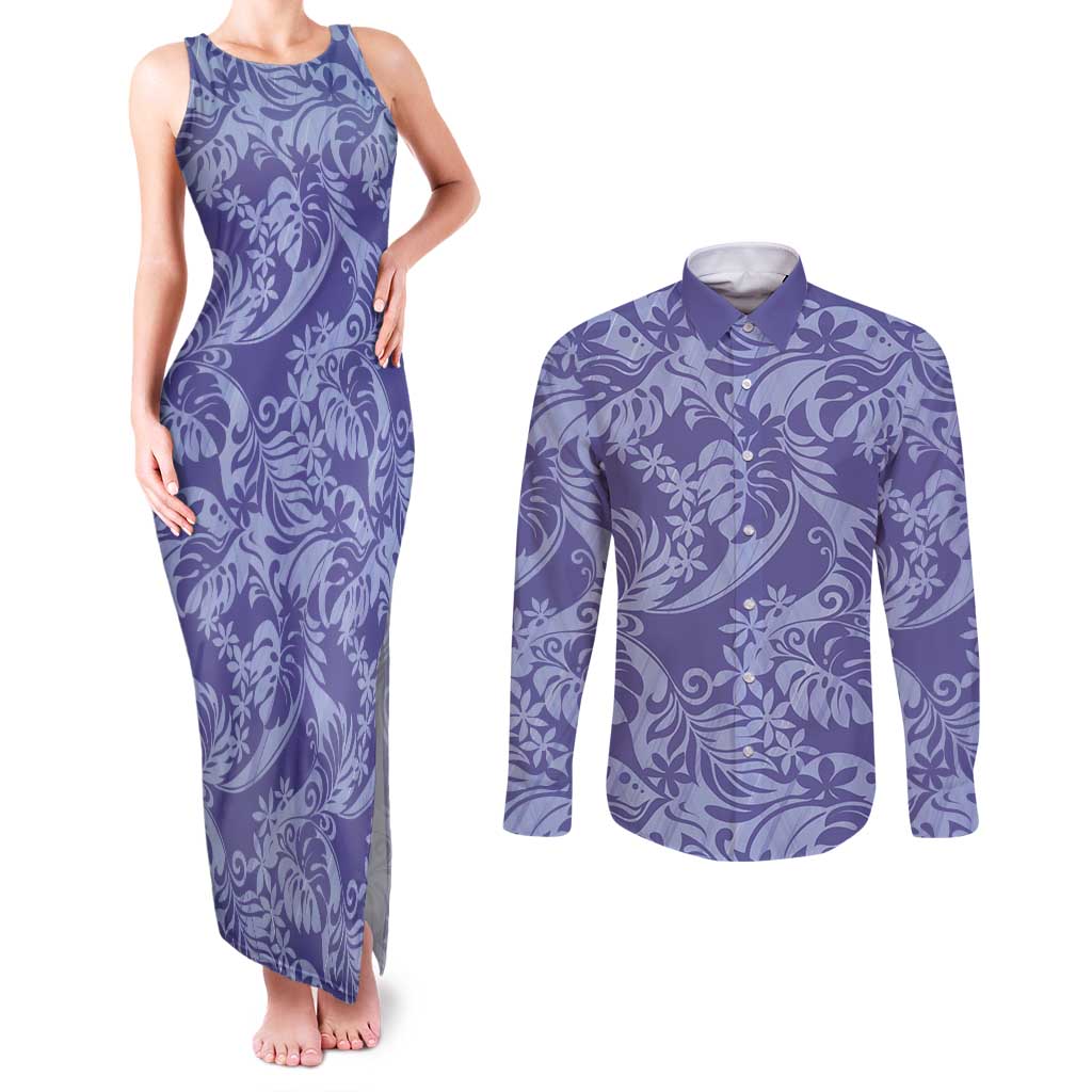 Tahiti Vareau Tiare Floral Couples Matching Tank Maxi Dress and Long Sleeve Button Shirt Monstera Palm Tropical Leaves - Polynesian Pride