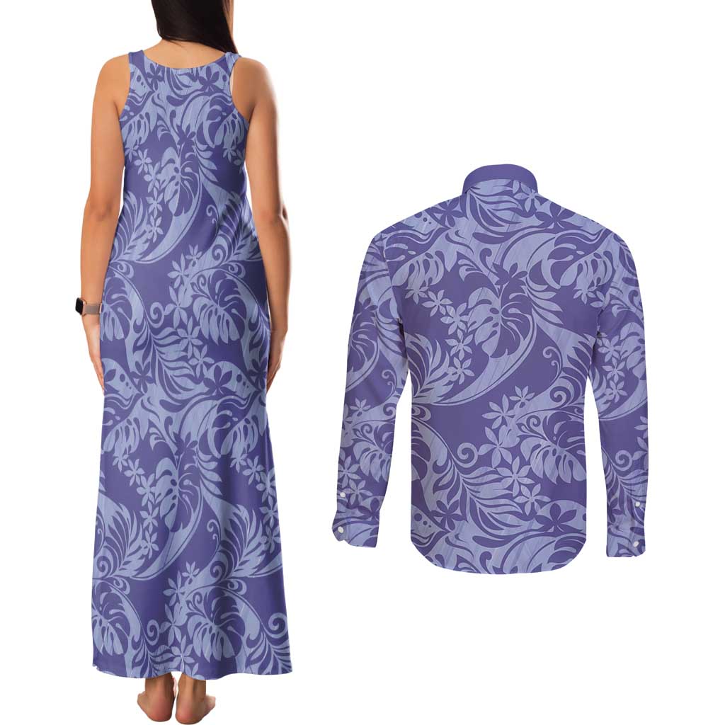 Tahiti Vareau Tiare Floral Couples Matching Tank Maxi Dress and Long Sleeve Button Shirt Monstera Palm Tropical Leaves LT01 - Polynesian Pride