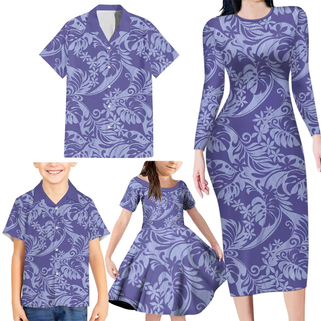 Tahiti Vareau Tiare Floral Family Matching Long Sleeve Bodycon Dress and Hawaiian Shirt Monstera Palm Tropical Leaves LT01 - Polynesian Pride
