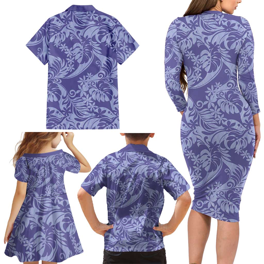 Tahiti Vareau Tiare Floral Family Matching Long Sleeve Bodycon Dress and Hawaiian Shirt Monstera Palm Tropical Leaves LT01 - Polynesian Pride