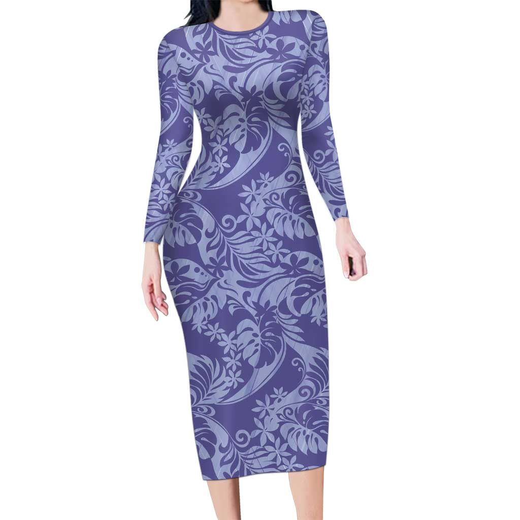 Tahiti Vareau Tiare Floral Family Matching Long Sleeve Bodycon Dress and Hawaiian Shirt Monstera Palm Tropical Leaves LT01 Mom's Dress Purple - Polynesian Pride