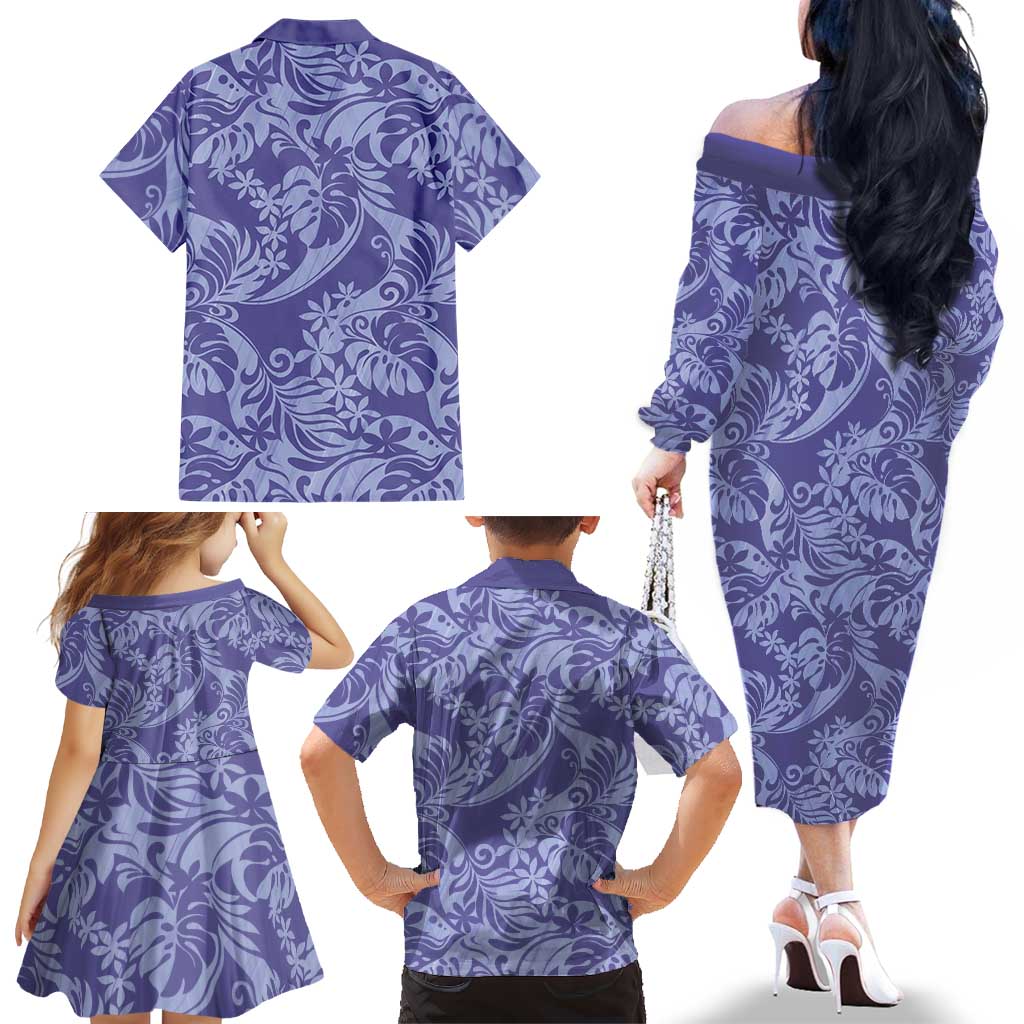 Tahiti Vareau Tiare Floral Family Matching Off The Shoulder Long Sleeve Dress and Hawaiian Shirt Monstera Palm Tropical Leaves LT01 - Polynesian Pride