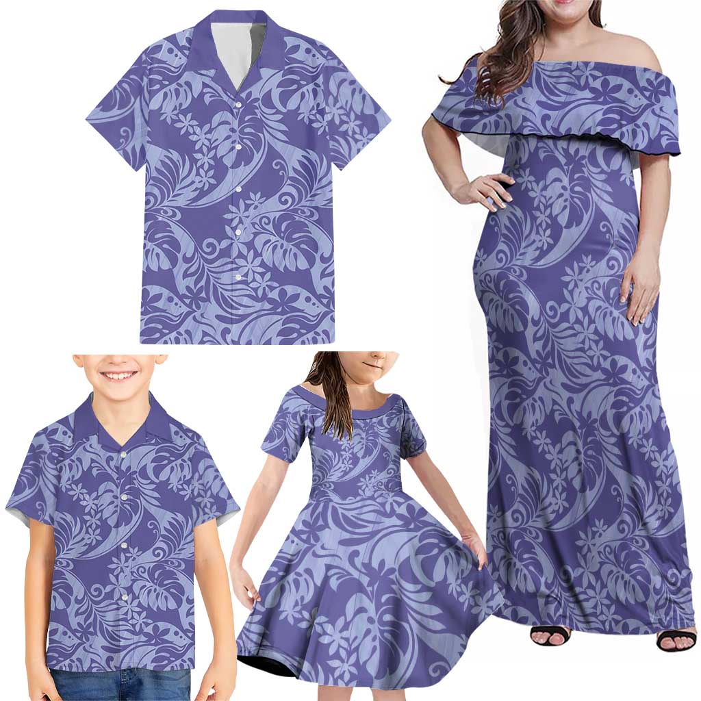 Tahiti Vareau Tiare Floral Family Matching Off Shoulder Maxi Dress and Hawaiian Shirt Monstera Palm Tropical Leaves - Polynesian Pride