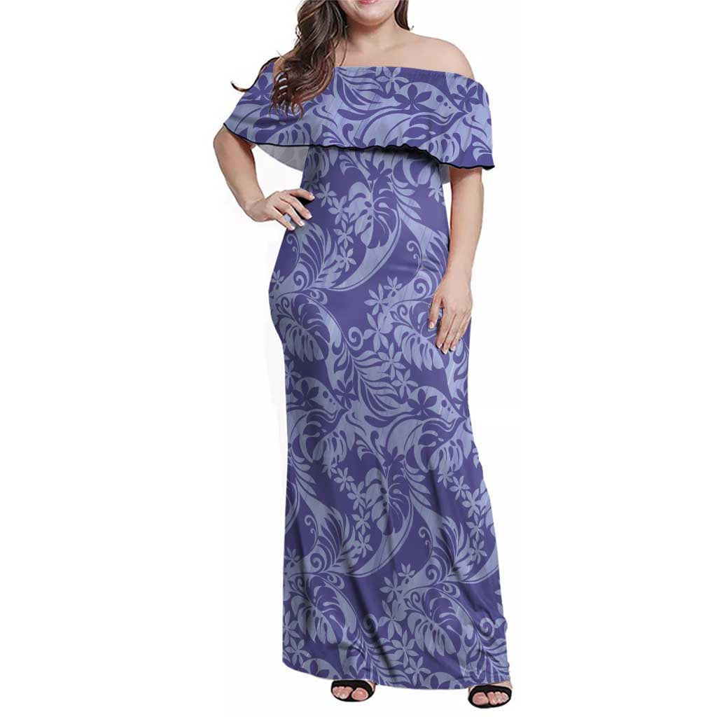 Tahiti Vareau Tiare Floral Family Matching Off Shoulder Maxi Dress and Hawaiian Shirt Monstera Palm Tropical Leaves LT01 Mom's Dress Purple - Polynesian Pride