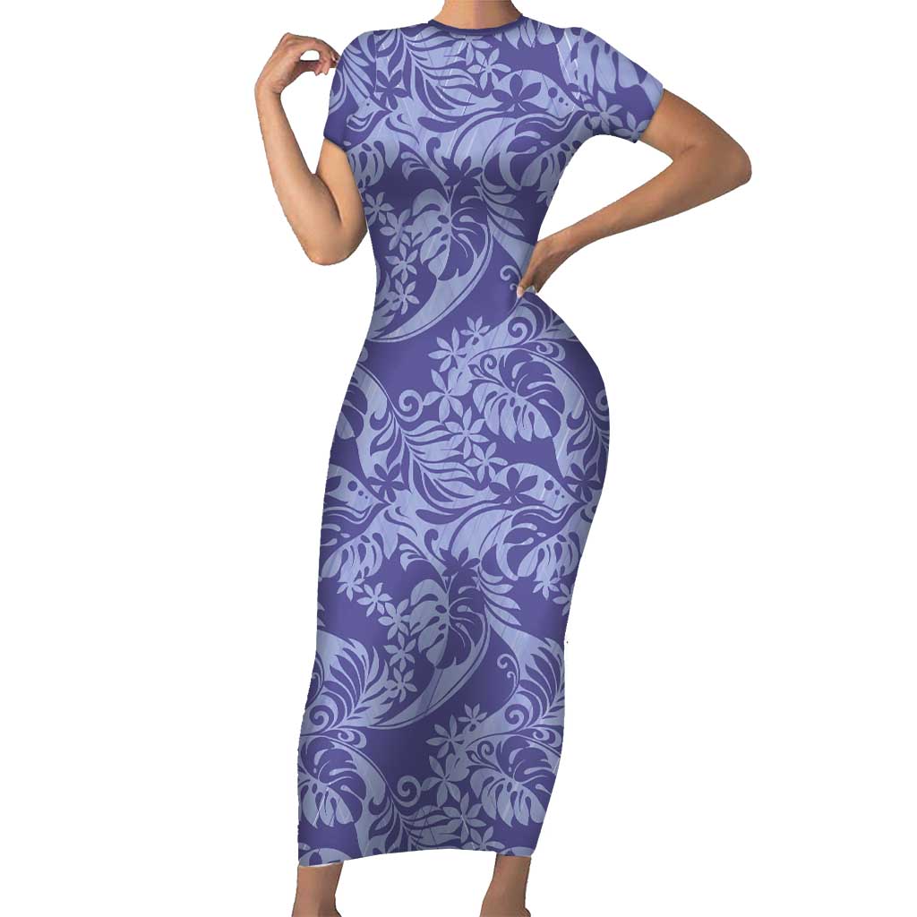Tahiti Vareau Tiare Floral Family Matching Short Sleeve Bodycon Dress and Hawaiian Shirt Monstera Palm Tropical Leaves LT01 Mom's Dress Purple - Polynesian Pride