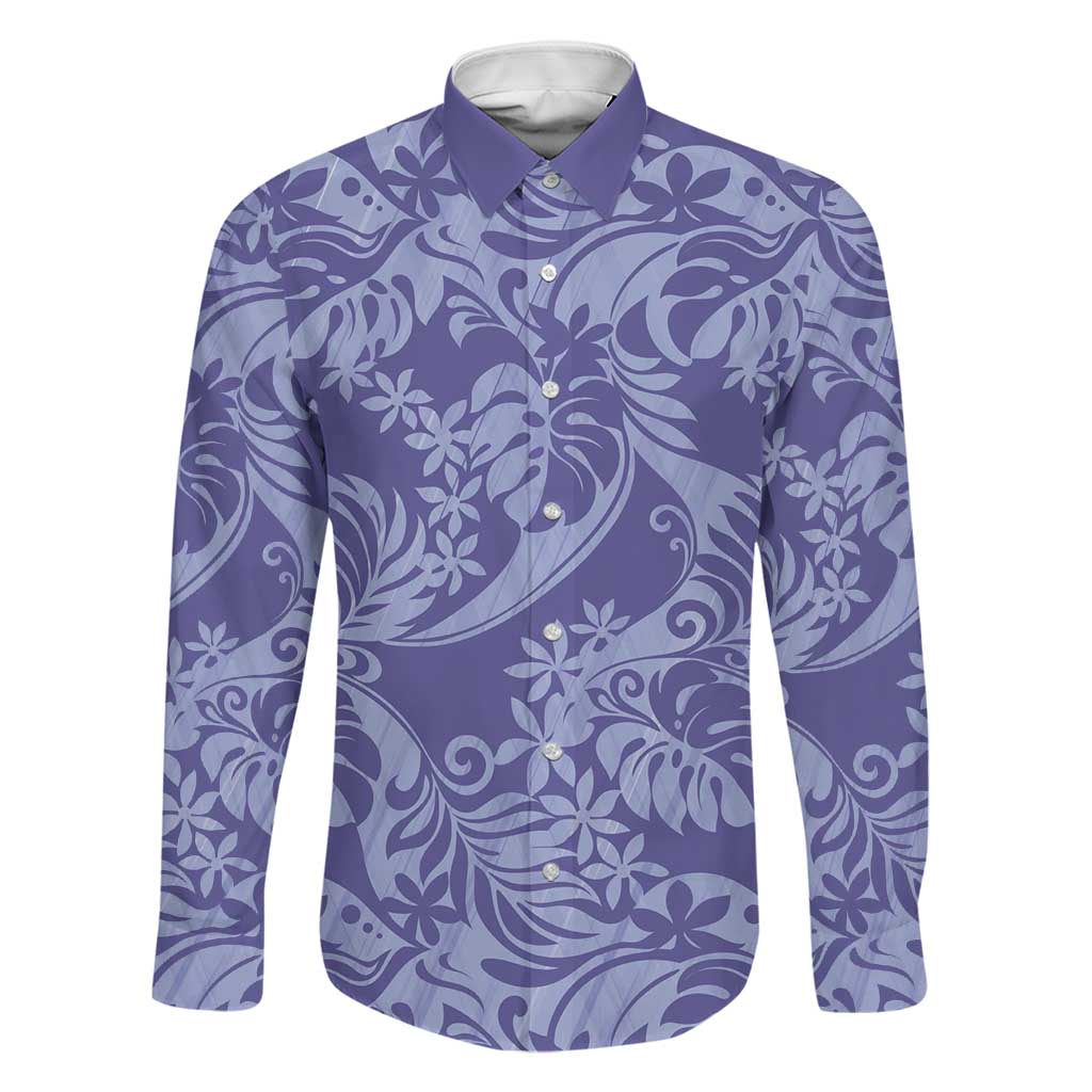 Tahiti Vareau Tiare Floral Family Matching Summer Maxi Dress and Hawaiian Shirt Monstera Palm Tropical Leaves LT01 Dad's Shirt - Long Sleeve Purple - Polynesian Pride