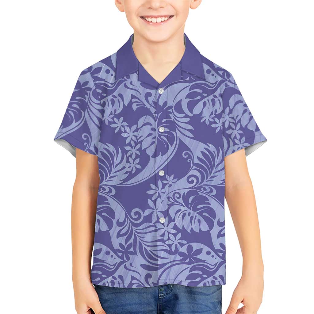 Tahiti Vareau Tiare Floral Family Matching Summer Maxi Dress and Hawaiian Shirt Monstera Palm Tropical Leaves LT01 Son's Shirt Purple - Polynesian Pride