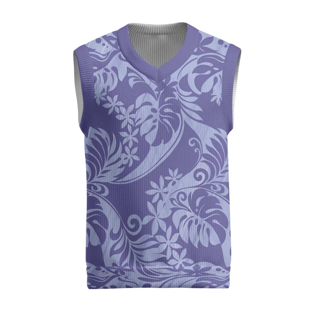 Tahiti Vareau Tiare Floral Christmas Knitted V-Neck Vest Monstera Palm Tropical Leaves LT01 Purple - Polynesian Pride