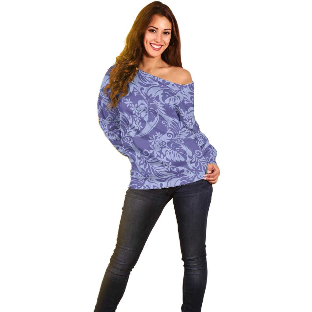 Tahiti Vareau Tiare Floral Off Shoulder Sweater Monstera Palm Tropical Leaves - Polynesian Pride