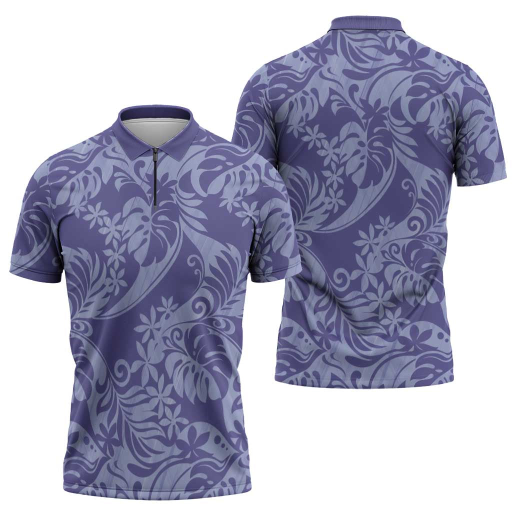 Tahiti Vareau Tiare Floral Zipper Polo Shirt Monstera Palm Tropical Leaves - Polynesian Pride