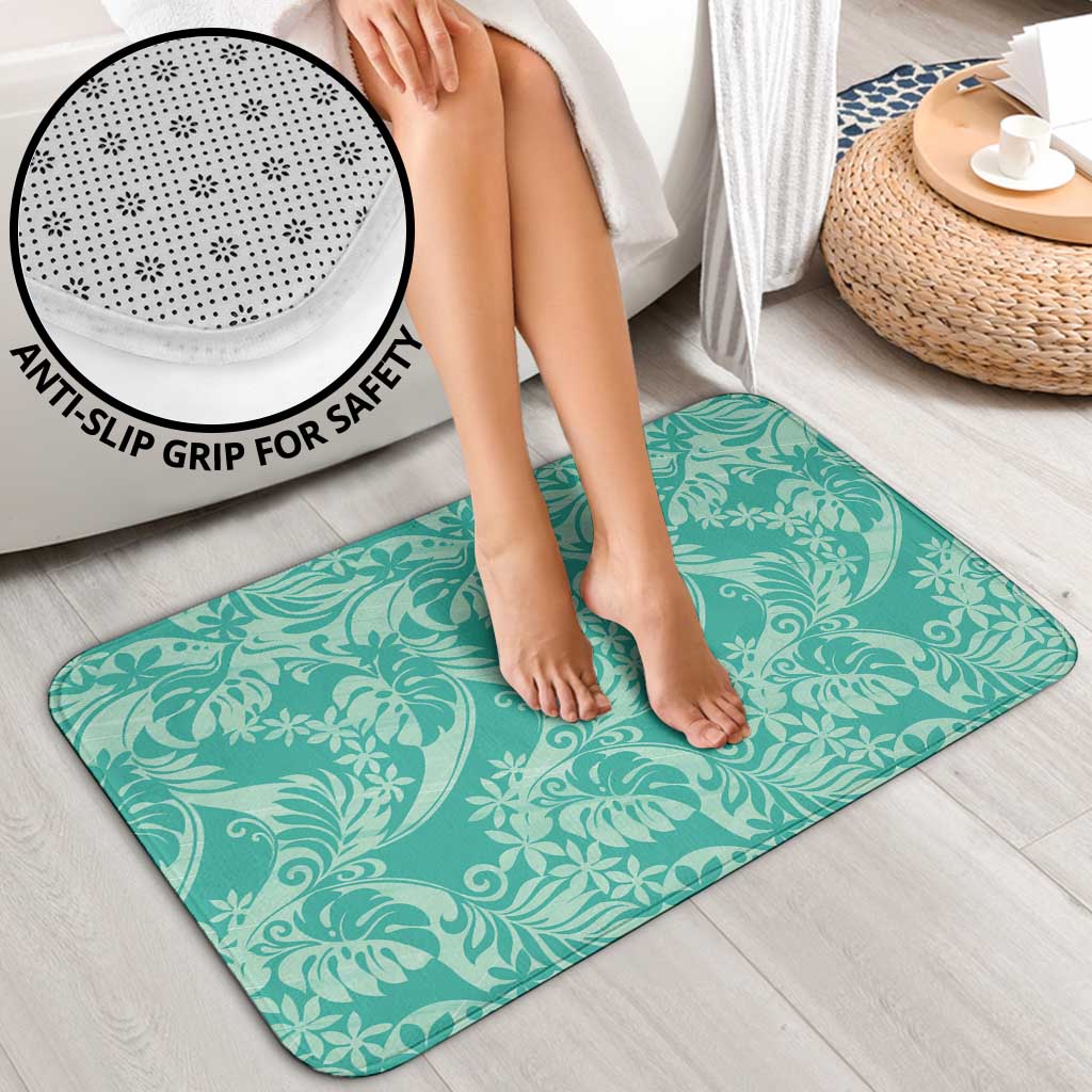 Tahiti Teal Tiare Floral Bathroom Set Monstera Palm Tropical Leaves - Polynesian Pride