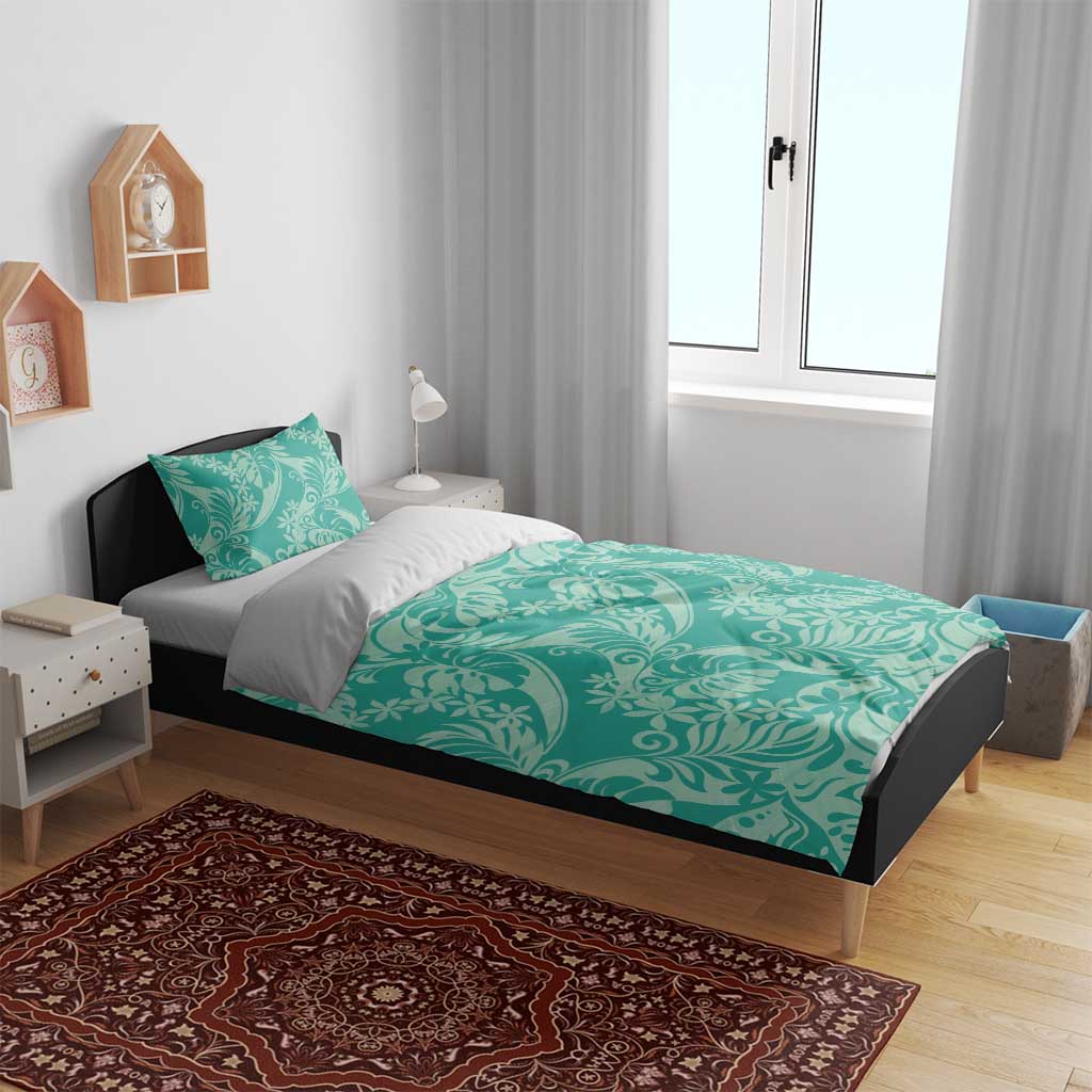 Tahiti Teal Tiare Floral Bedding Set Monstera Palm Tropical Leaves - Polynesian Pride