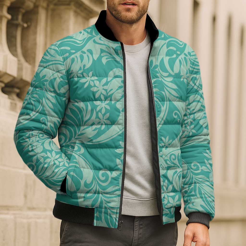 Tahiti Teal Tiare Floral Bomber Puffer Jacket Monstera Palm Tropical Leaves - Polynesian Pride