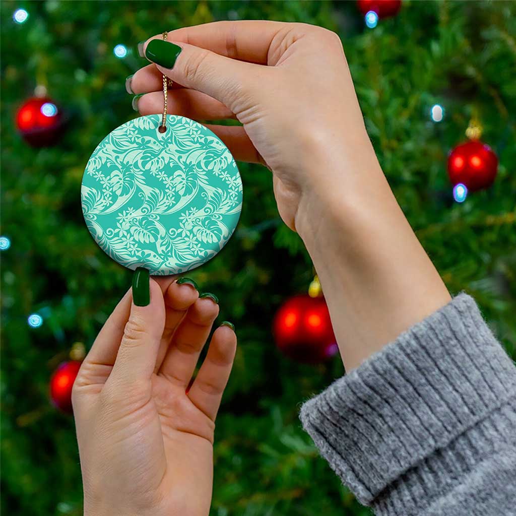 Tahiti Teal Tiare Floral Ceramic Ornament Monstera Palm Tropical Leaves - Polynesian Pride