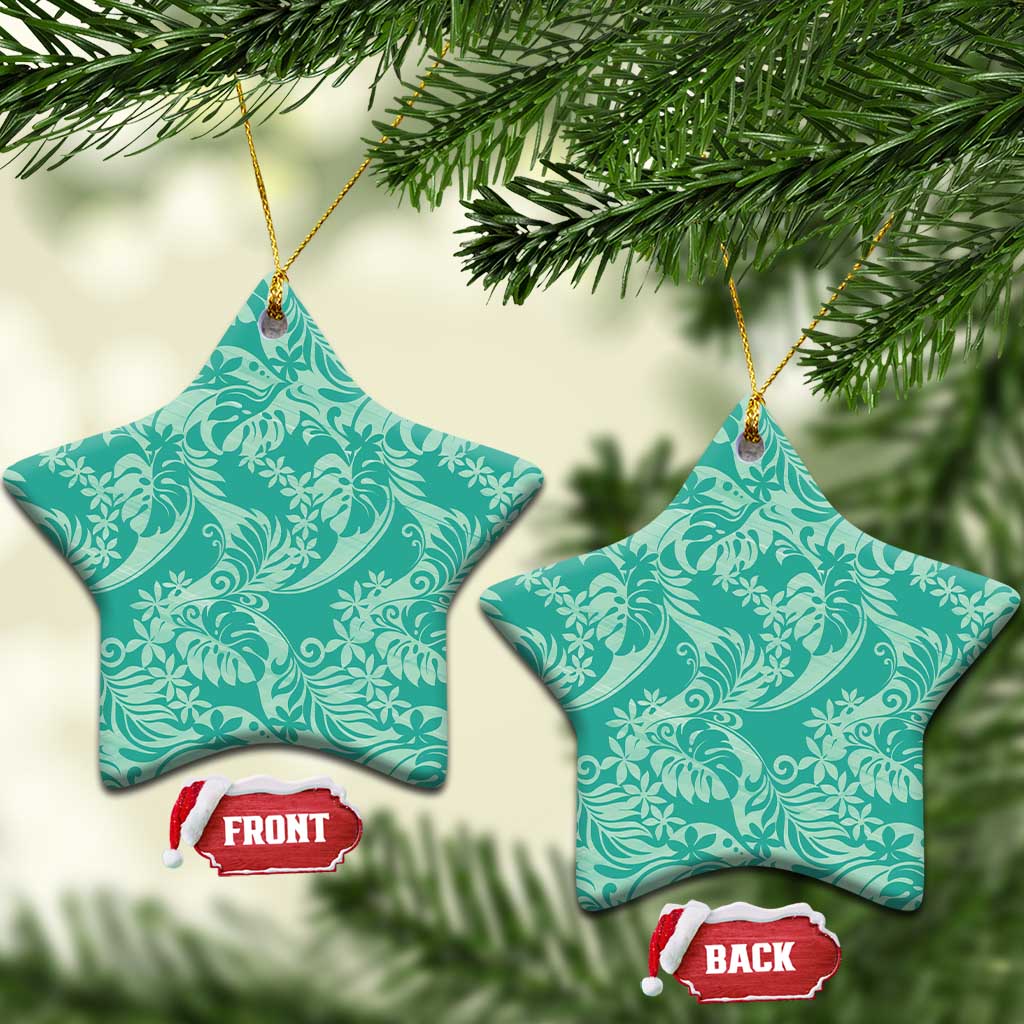 Tahiti Teal Tiare Floral Ceramic Ornament Monstera Palm Tropical Leaves - Polynesian Pride