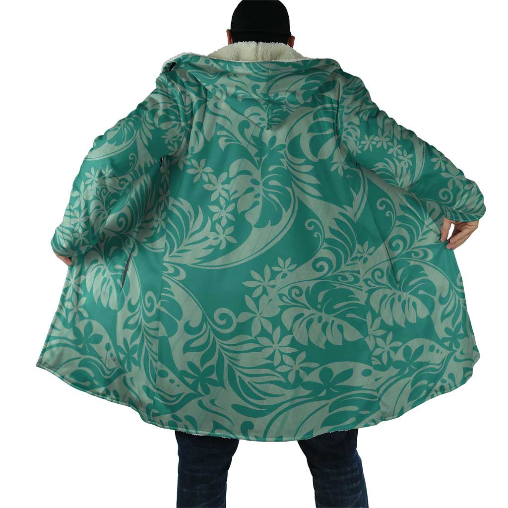 Tahiti Teal Tiare Floral Cloak Monstera Palm Tropical Leaves - Polynesian Pride
