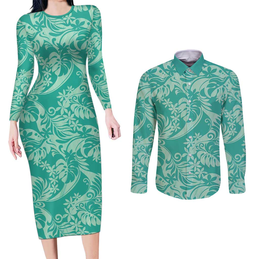 Tahiti Teal Tiare Floral Couples Matching Long Sleeve Bodycon Dress and Long Sleeve Button Shirt Monstera Palm Tropical Leaves LT01 Teal - Polynesian Pride