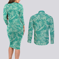 Tahiti Teal Tiare Floral Couples Matching Long Sleeve Bodycon Dress and Long Sleeve Button Shirt Monstera Palm Tropical Leaves LT01 - Polynesian Pride