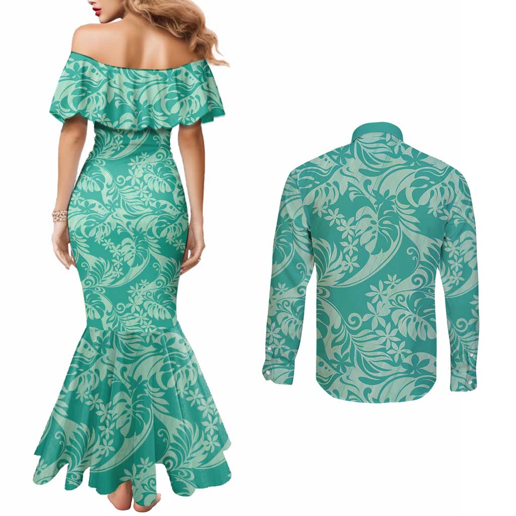 Tahiti Teal Tiare Floral Couples Matching Mermaid Dress and Long Sleeve Button Shirt Monstera Palm Tropical Leaves LT01 - Polynesian Pride