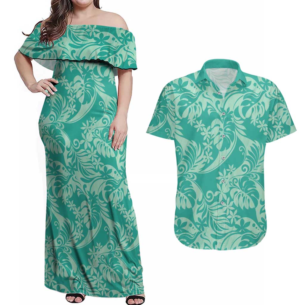 Tahiti Teal Tiare Floral Couples Matching Off Shoulder Maxi Dress and Hawaiian Shirt Monstera Palm Tropical Leaves LT01 Teal - Polynesian Pride