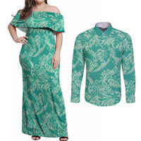 Tahiti Teal Tiare Floral Couples Matching Off Shoulder Maxi Dress and Long Sleeve Button Shirt Monstera Palm Tropical Leaves LT01 Teal - Polynesian Pride