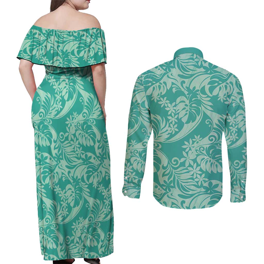Tahiti Teal Tiare Floral Couples Matching Off Shoulder Maxi Dress and Long Sleeve Button Shirt Monstera Palm Tropical Leaves LT01 - Polynesian Pride