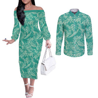 Tahiti Teal Tiare Floral Couples Matching Off The Shoulder Long Sleeve Dress and Long Sleeve Button Shirt Monstera Palm Tropical Leaves LT01 Teal - Polynesian Pride