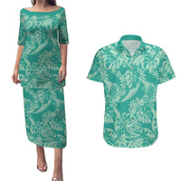 Tahiti Teal Tiare Floral Couples Matching Puletasi and Hawaiian Shirt Monstera Palm Tropical Leaves LT01 Teal - Polynesian Pride