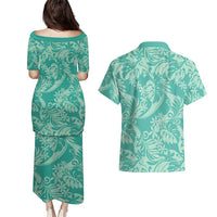 Tahiti Teal Tiare Floral Couples Matching Puletasi and Hawaiian Shirt Monstera Palm Tropical Leaves LT01 - Polynesian Pride