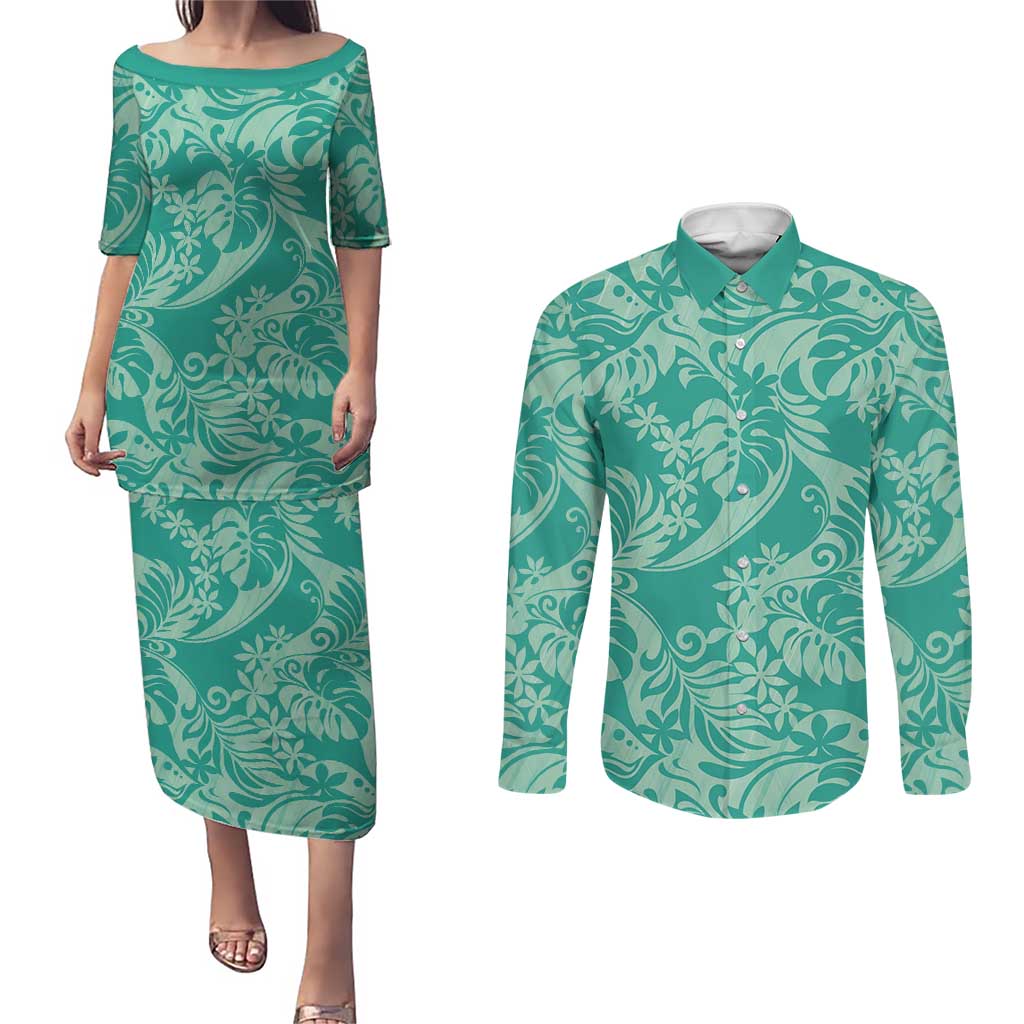 Tahiti Teal Tiare Floral Couples Matching Puletasi and Long Sleeve Button Shirt Monstera Palm Tropical Leaves - Polynesian Pride