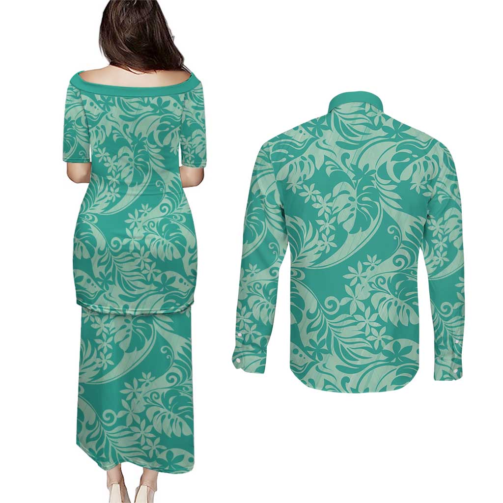 Tahiti Teal Tiare Floral Couples Matching Puletasi and Long Sleeve Button Shirt Monstera Palm Tropical Leaves - Polynesian Pride