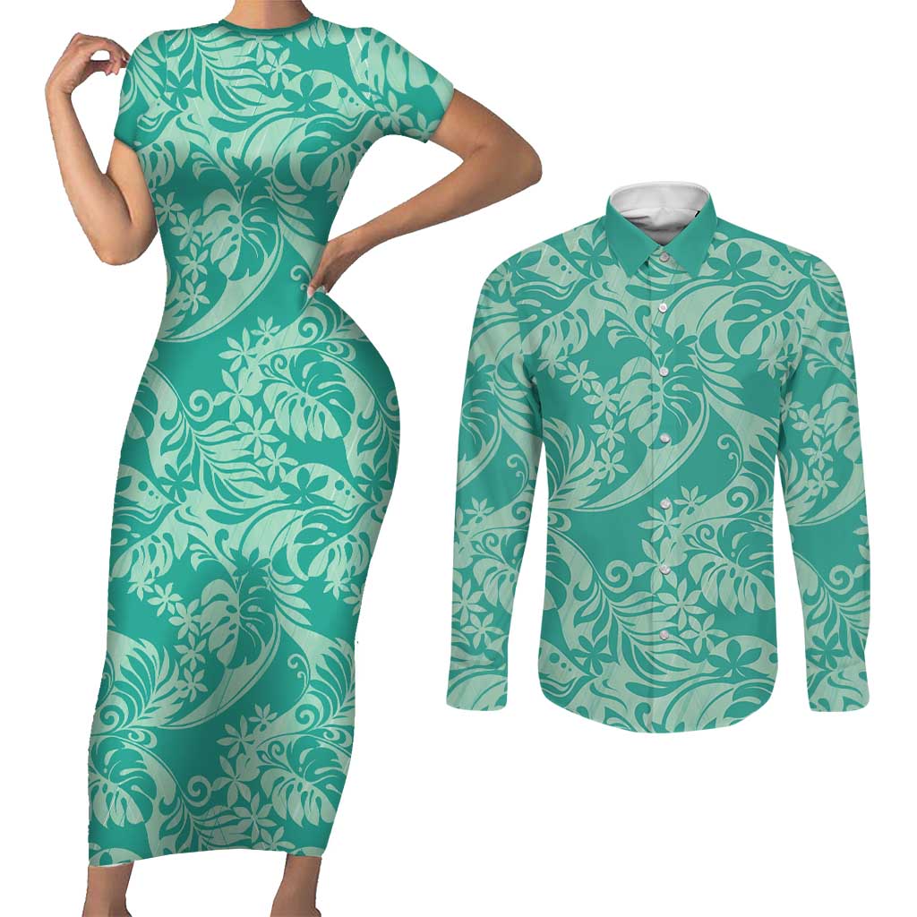 Tahiti Teal Tiare Floral Couples Matching Short Sleeve Bodycon Dress and Long Sleeve Button Shirt Monstera Palm Tropical Leaves - Polynesian Pride