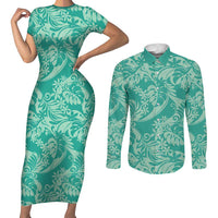Tahiti Teal Tiare Floral Couples Matching Short Sleeve Bodycon Dress and Long Sleeve Button Shirt Monstera Palm Tropical Leaves LT01 Teal - Polynesian Pride