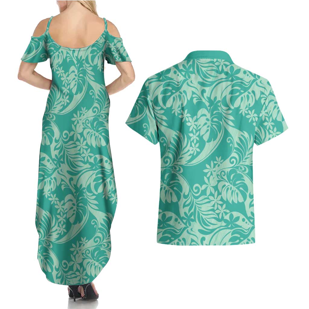 Tahiti Teal Tiare Floral Couples Matching Summer Maxi Dress and Hawaiian Shirt Monstera Palm Tropical Leaves LT01 - Polynesian Pride