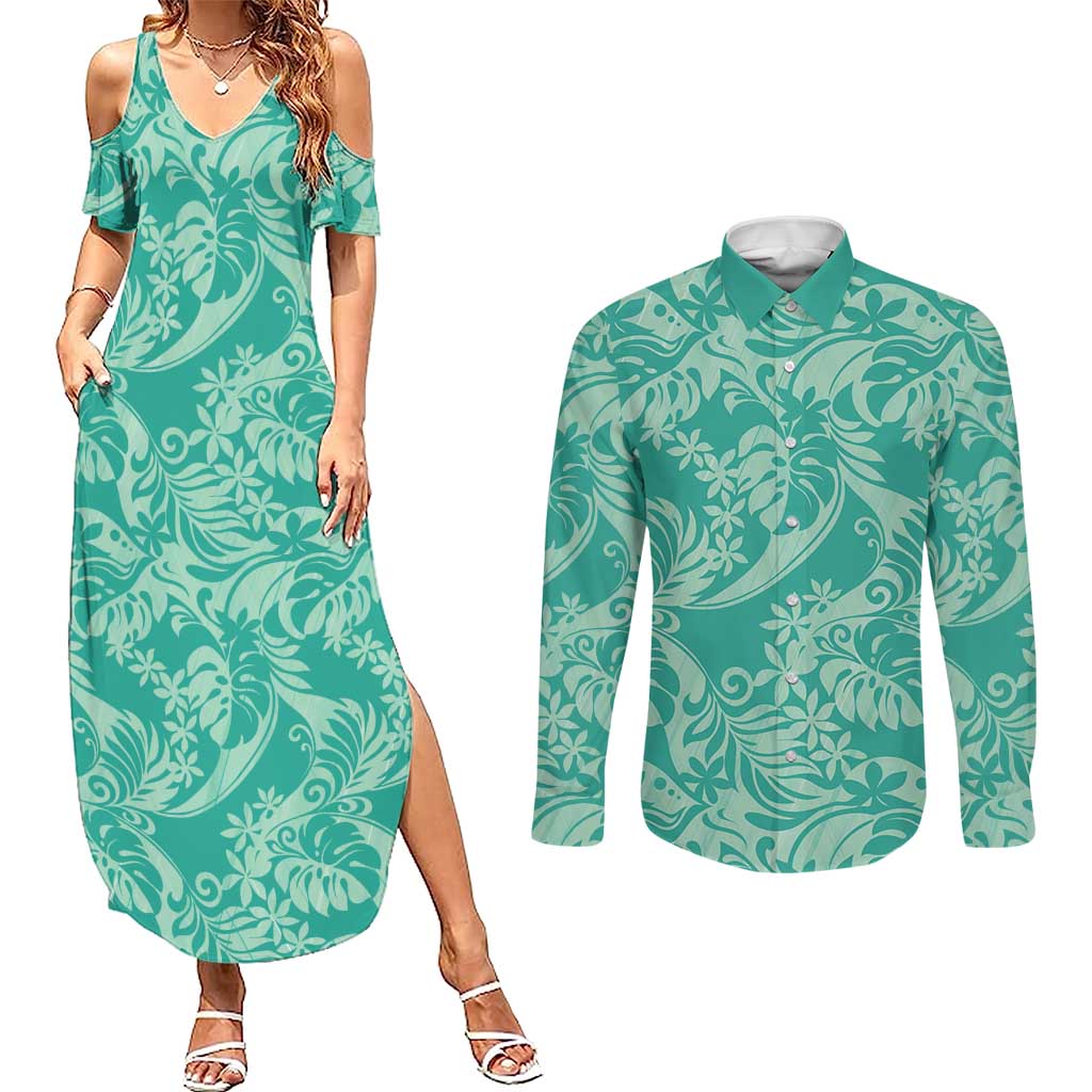 Tahiti Teal Tiare Floral Couples Matching Summer Maxi Dress and Long Sleeve Button Shirt Monstera Palm Tropical Leaves - Polynesian Pride