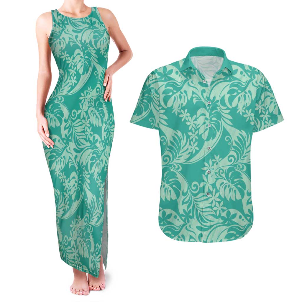 Tahiti Teal Tiare Floral Couples Matching Tank Maxi Dress and Hawaiian Shirt Monstera Palm Tropical Leaves LT01 Teal - Polynesian Pride