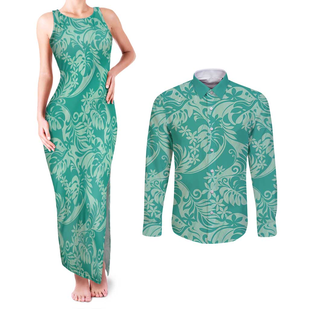 Tahiti Teal Tiare Floral Couples Matching Tank Maxi Dress and Long Sleeve Button Shirt Monstera Palm Tropical Leaves LT01 Teal - Polynesian Pride