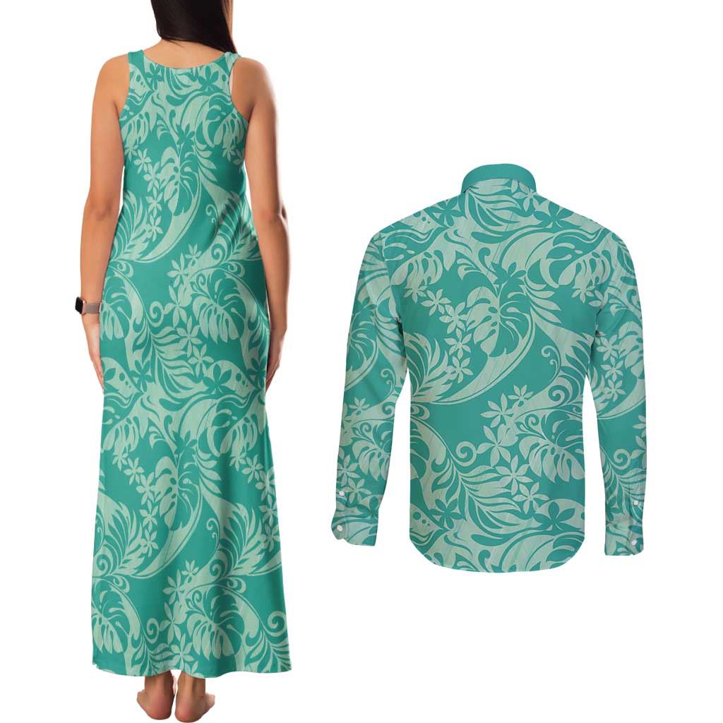 Tahiti Teal Tiare Floral Couples Matching Tank Maxi Dress and Long Sleeve Button Shirt Monstera Palm Tropical Leaves LT01 - Polynesian Pride