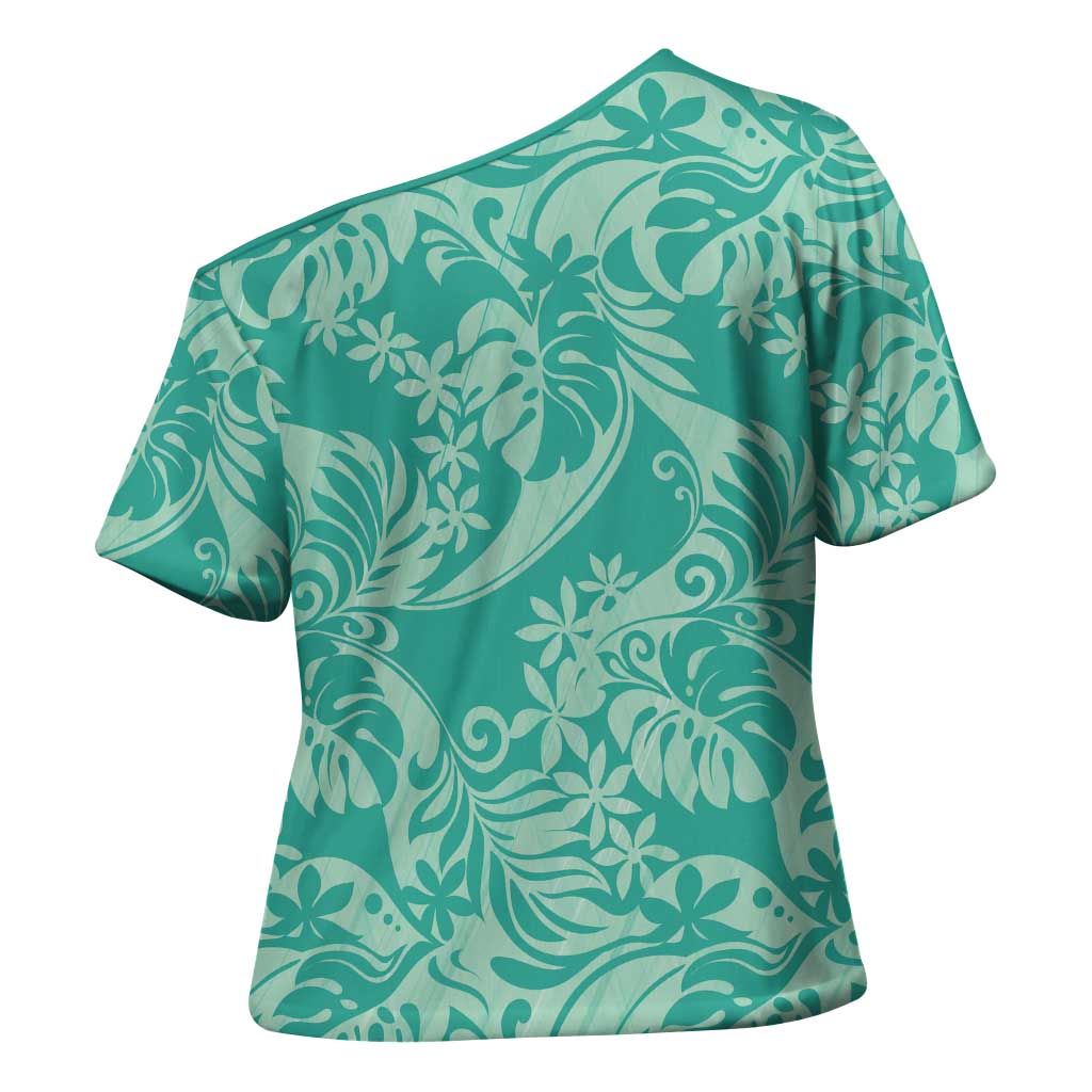 Tahiti Teal Tiare Floral Cross Shoulder Shirt Monstera Palm Tropical Leaves - Polynesian Pride