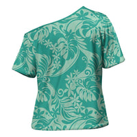 Tahiti Teal Tiare Floral Cross Shoulder Shirt Monstera Palm Tropical Leaves - Polynesian Pride
