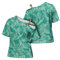 Tahiti Teal Tiare Floral Cross Shoulder Shirt Monstera Palm Tropical Leaves - Polynesian Pride