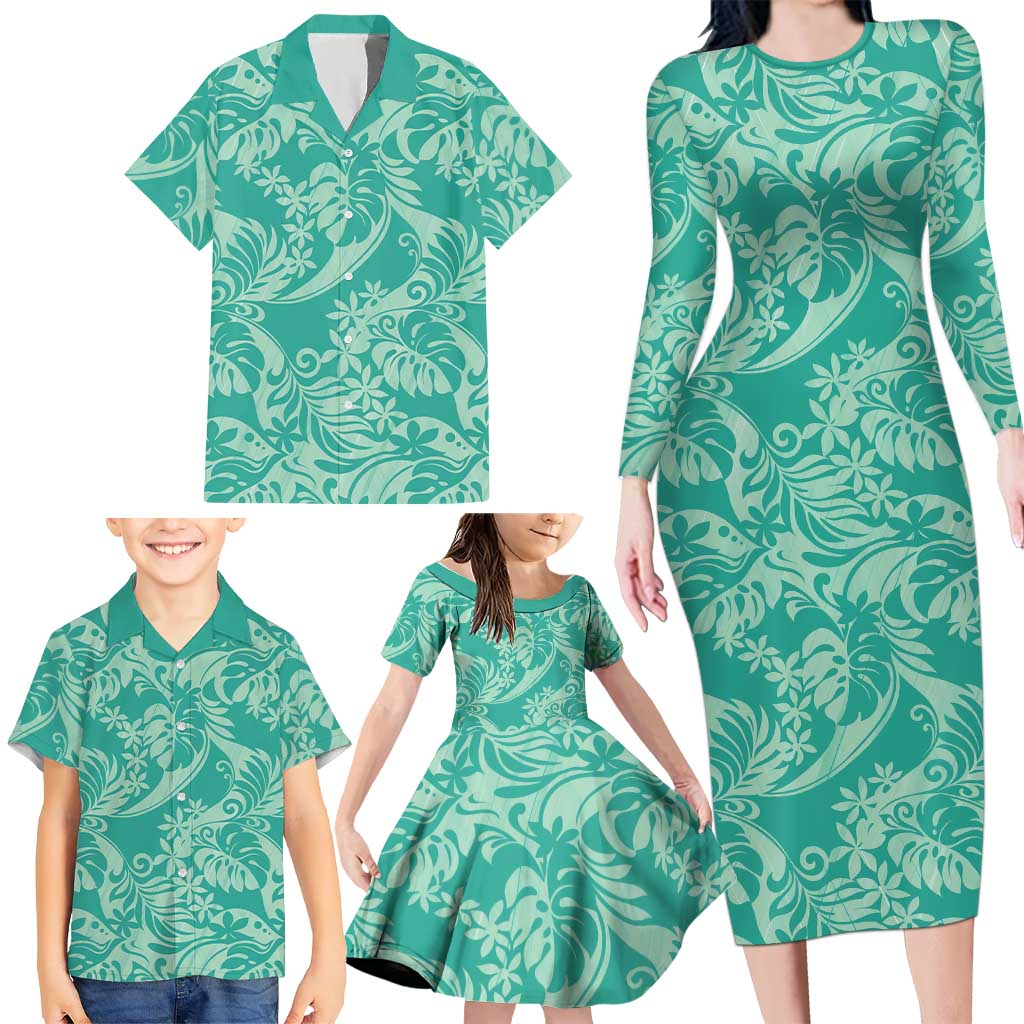 Tahiti Teal Tiare Floral Family Matching Long Sleeve Bodycon Dress and Hawaiian Shirt Monstera Palm Tropical Leaves LT01 - Polynesian Pride