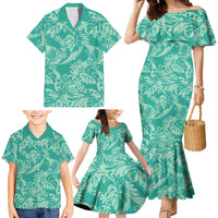 Tahiti Teal Tiare Floral Family Matching Mermaid Dress and Hawaiian Shirt Monstera Palm Tropical Leaves LT01 - Polynesian Pride