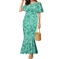 Tahiti Teal Tiare Floral Family Matching Mermaid Dress and Hawaiian Shirt Monstera Palm Tropical Leaves LT01 Mom's Dress Teal - Polynesian Pride