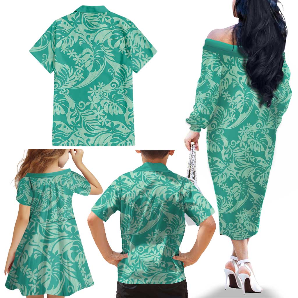 Tahiti Teal Tiare Floral Family Matching Off The Shoulder Long Sleeve Dress and Hawaiian Shirt Monstera Palm Tropical Leaves LT01 - Polynesian Pride